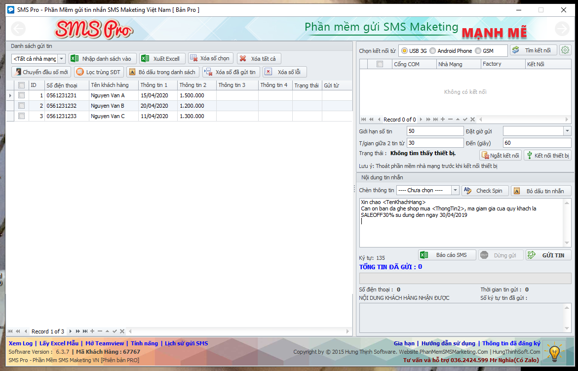 SMSPro - Phần mềm gửi tin nhắn SMS tự động - Bản 1 máy sử dụng vĩnh viễn